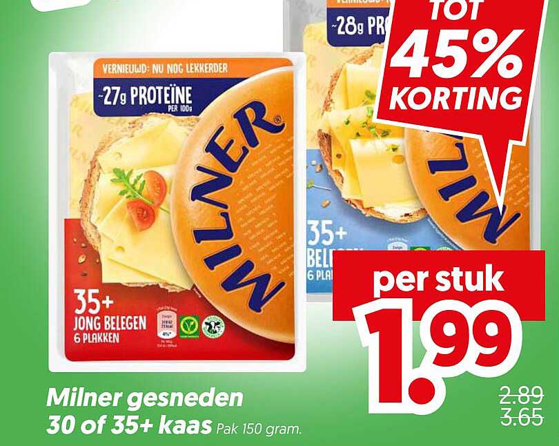 Milner gesneden 30 of 35+ kaas Pak 150 gram