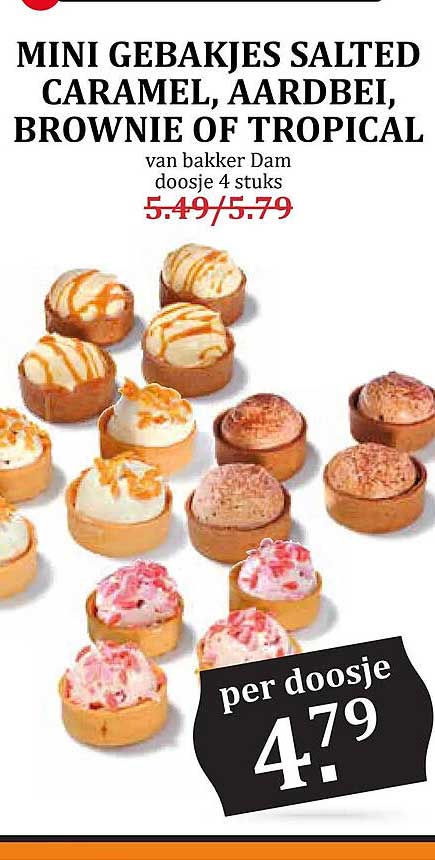 MINI GEBAKJES SALTED CARAMEL, AARDBEI, BROWNIE OF TROPICAL