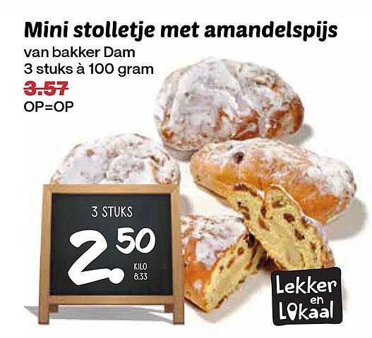 Mini stolletje met amandelspijs van bakker Dam 3 stuks à 100 gram