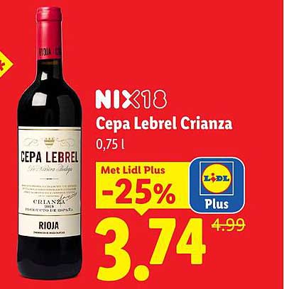 NIX18 Cepa Lebrel Crianza 0,75 l Met Lidl Plus -25%