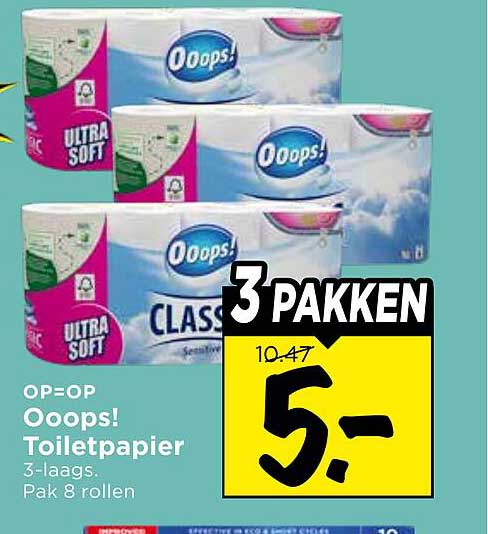 Ooops! Toiletpapier 3-laags. Pak 8 rollen 3 pakken