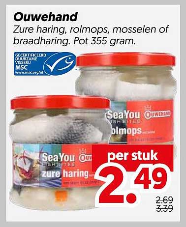 Ouwehand Zure haring, rolmops, mosselen of braadharing. Pot 355 gram.