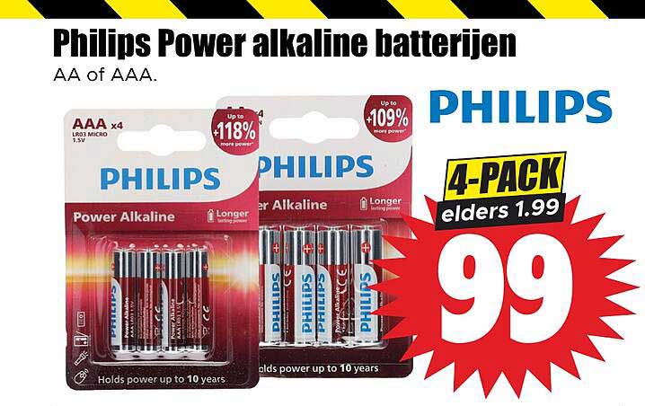 Philips Power alkaline batterijen AA of AAA 4-pack elders 1.99