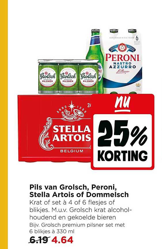 Pils van Grolsch, Peroni, Stella Artois of Dommelsch 25% korting