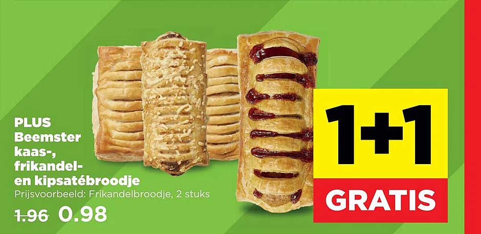 PLUS Beemster kaas-, frikandel- en kipsatébroodje 1+1 GRATIS