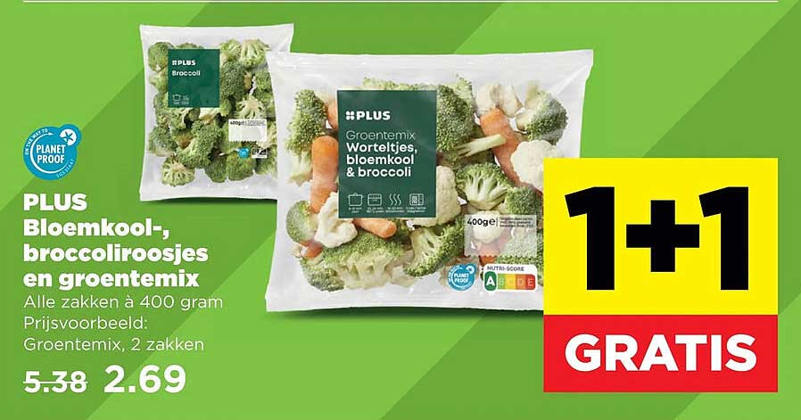 PLUS Bloemkool-, broccoliroosjes en groentemix 1+1 GRATIS