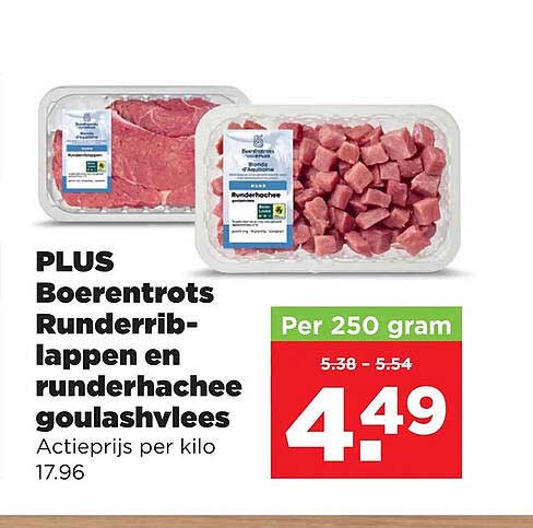 PLUS Boerenrots Runderrib-lappen en runderhachee goulashvlees