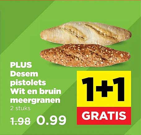 PLUS Desem pistolets Wit en bruin meergranen 2 stuks 1+1 GRATIS