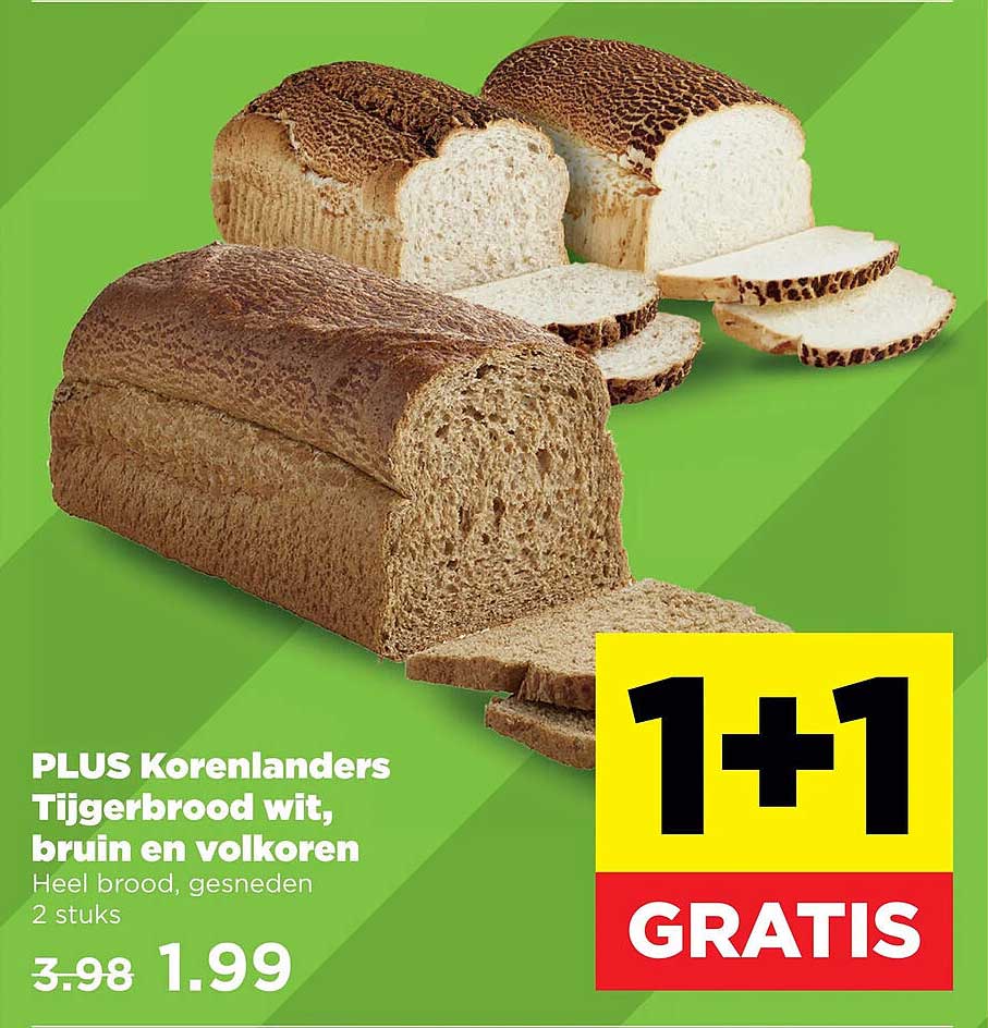 PLUS Korlanders Tijgerbrood wit, bruin en volkoren 1+1 GRATIS