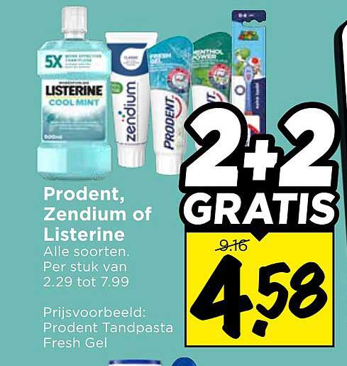 Prodent, Zendium of Listerine Alle soorten. Per stuk van 2.29 tot 7.99 2+2 gratis