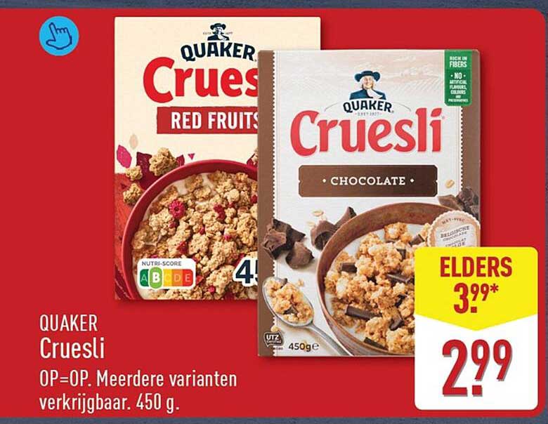 QUAKER Cruesli OP=OP. Meerdere varianten verkrijgbaar. 450 g.