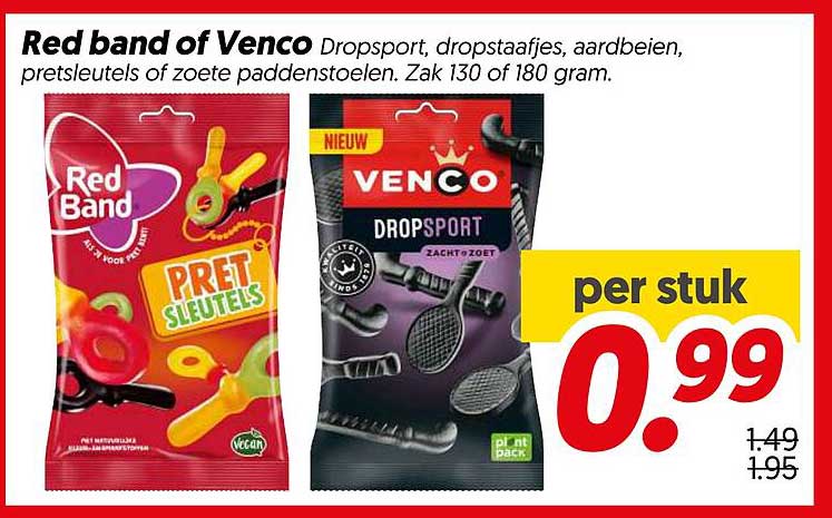 Red band of Venco Dropsport, droptstaafjes, aardbeien, pret sleutels of zoete paddenstoelen. Zak 130 of 180 gram.