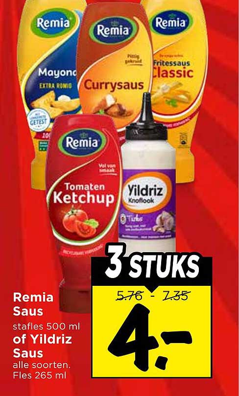 Remia Saus tafels 500 ml of Yildriz Saus alle soorten. Fles 265 ml 3 STUKS