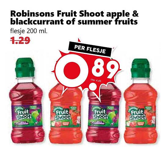 Robinsons Fruit Shoot apple & blackcurrant of summer fruits flesje 200 ml. PER FLESJE