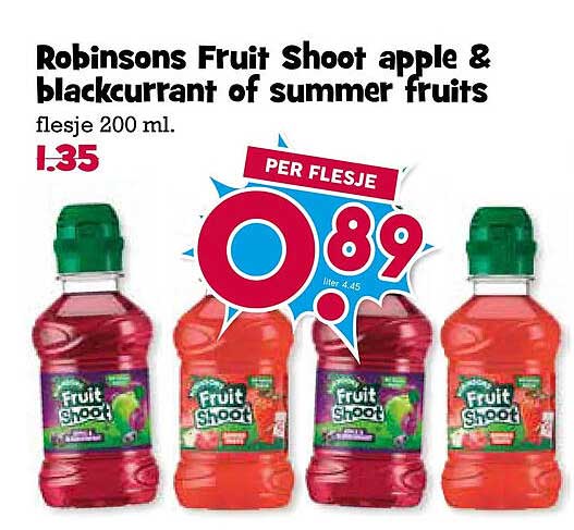 Robinsons Fruit Shoot apple & blackcurrant of summer fruits flesje 200 ml.