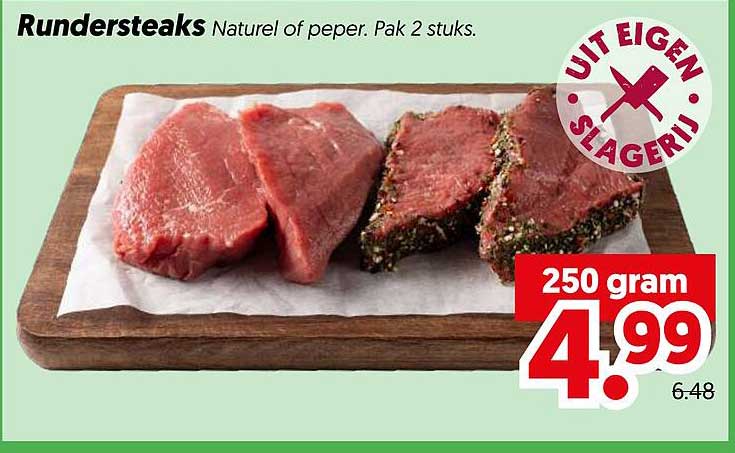 Rundersteaks Naturel of peper. Pak 2 stuks.