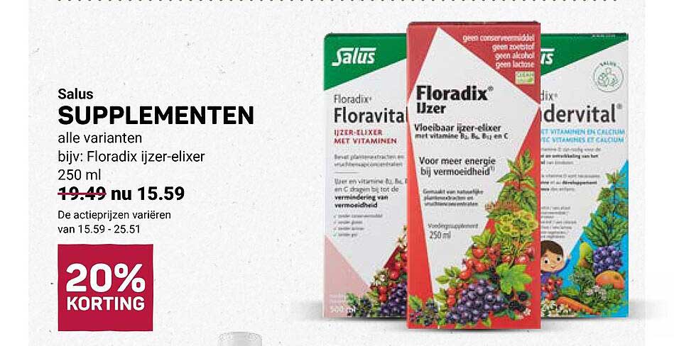 Salus SUPPLEMENTEN alle varianten bijv: Floradix ijzer-elixer 250 ml 20% KORTING