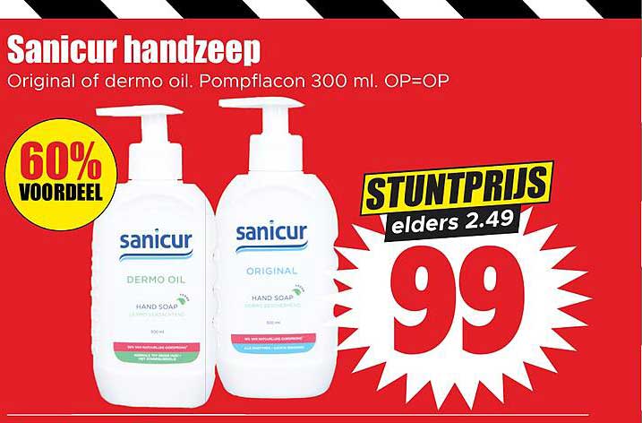 Sanicur handzeep Original of dermo oil. Pompflacon 300 ml. OP=OP