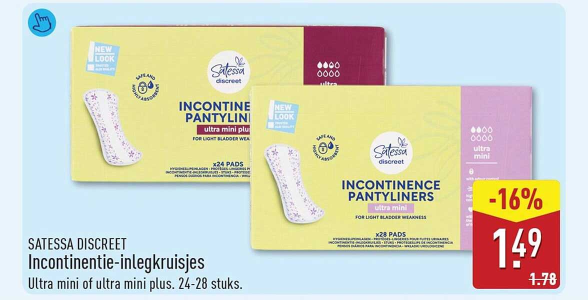 SATESSA DISCREET Incontinentie-inlegkruisjes Ultra mini of ultra mini plus, 24-28 stuks.
