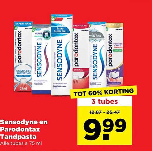 Sensodyne en Parodontax Tandpasta Alle tubes à 75 ml TOT 60% KORTING 3 tubes