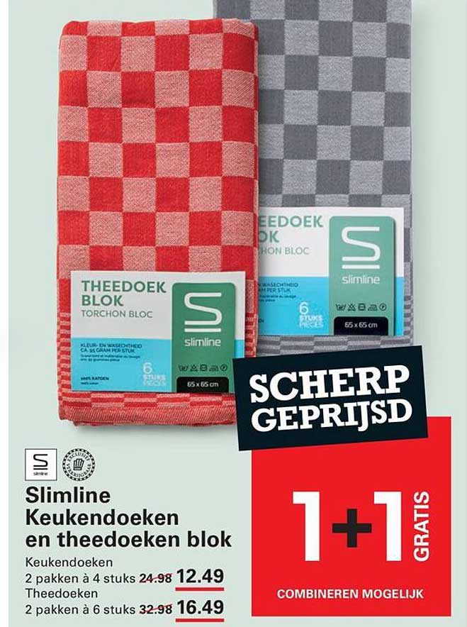 Slimline Keukendoeken en theedoeken blok 1+1 gratis