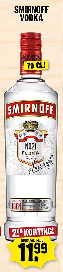 SMIRNOFF VODKA 70 CL! 2,60 KORTING!