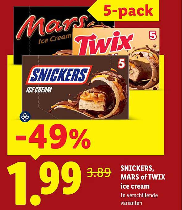 SNICKERS, MARS of TWIX ice cream In verschillende varianten 5-pack -49%