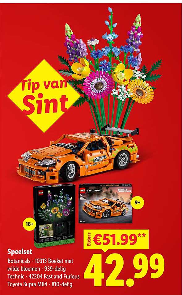 Speelset Botanicals - 10313 Boeket met wilde bloemen - 939-delig Technic - 42204 Fast and Furious Toyota Supra MK4 - 810-delig