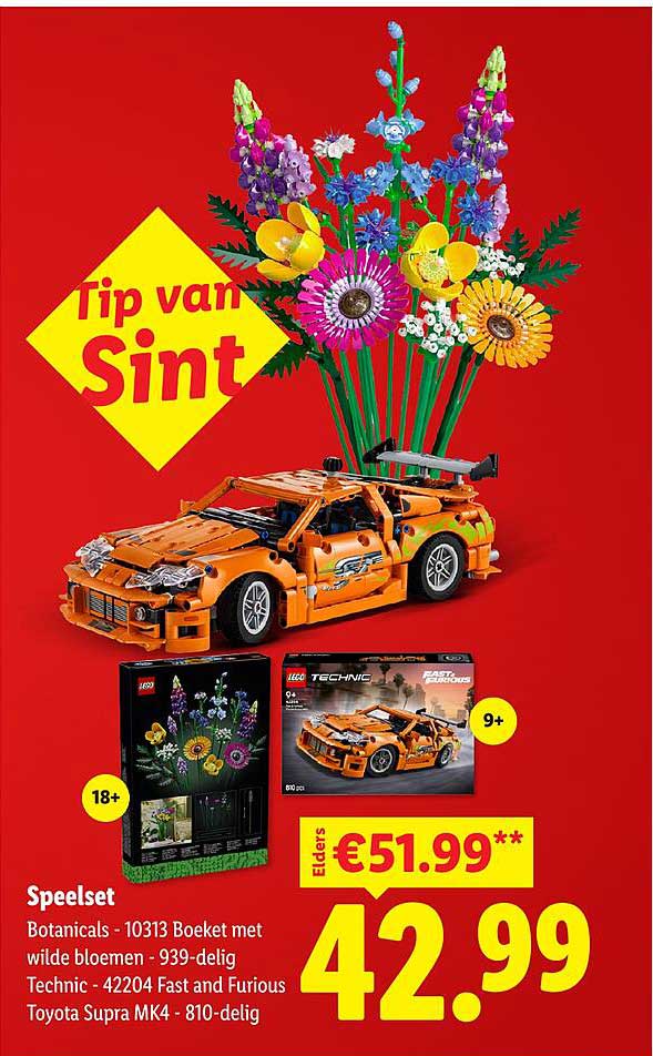 Speelset Botanicals - 10313 Boeket met wilde bloemen - 939-delig Technic - 42204 Fast and Furious Toyota Supra MK4 - 810-delig