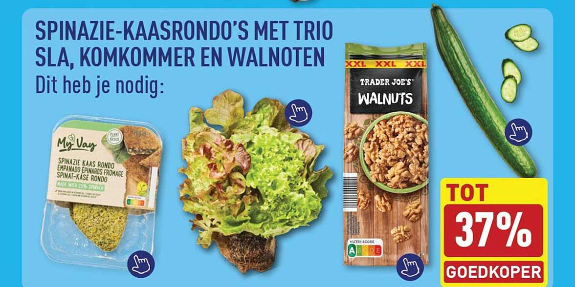 SPINAZIE-KAASRONDO'S MET TRIO SLA, KOMKOMMER EN WALNOTEN