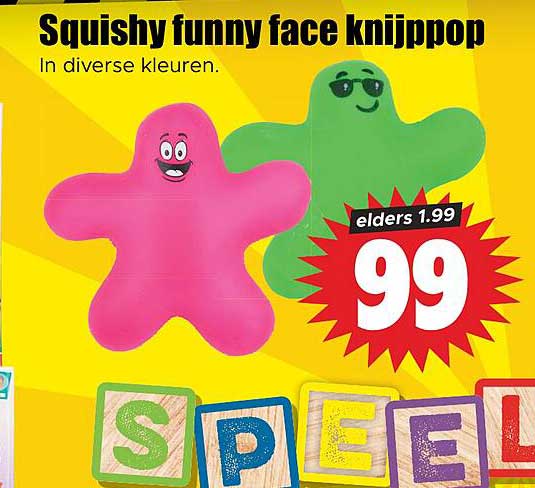 Squishy funny face knijppop In diverse kleuren.