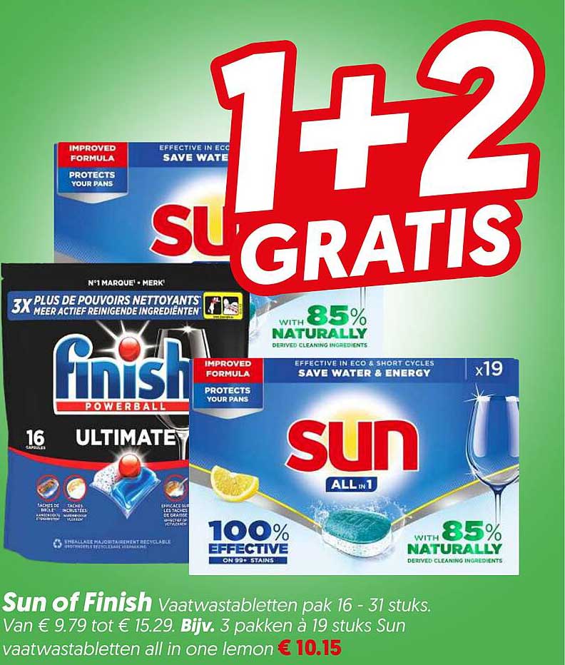 Sun of Finish Vaatwastabletten pak 16 - 31 stuks. Van € 9.79 tot € 15.29. Bijv. 3 pakken à 19 stuks Sun vaatwastabletten all in one lemon 1+2 GRATIS