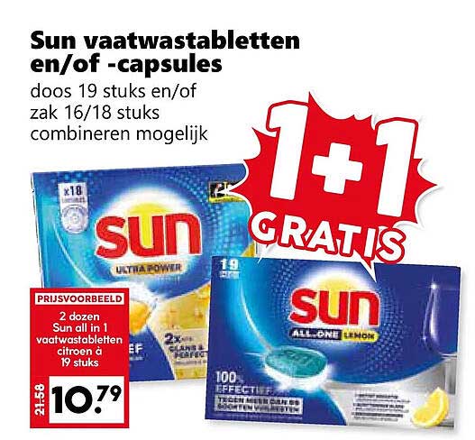 Sun vaatwastabletten en/of -capsules 1+1 gratis