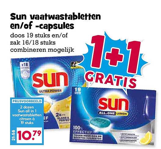 Sun vaatwastabletten en/of -capsules 1+1 gratis