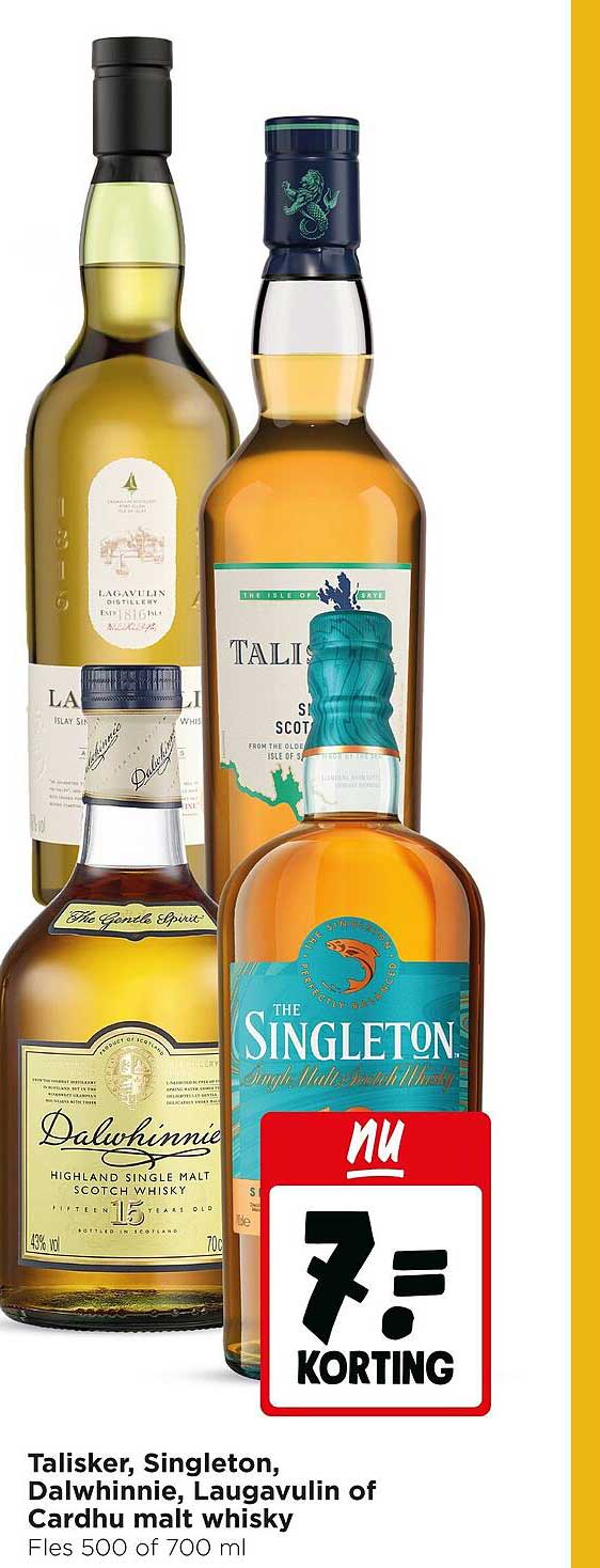 Talisker, Singleton, Dalwhinnie, Laugavulin of Cardhu malt whisky 7.5% korting