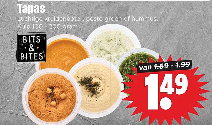 Tapas Luchtige kruidenboter, pesto groen of hummus. Kuilp 100 - 200 gram.
