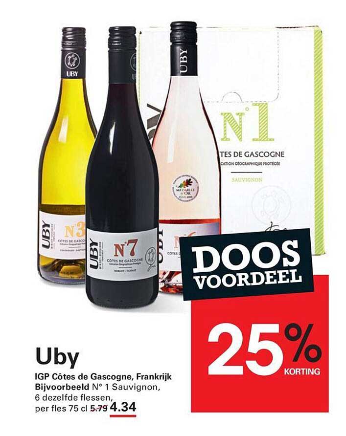 Uby IGP Côtes de Gascogne, Frankrijk Bijvoorbeeld N° 1 Sauvignon, 6 dezelfde flessen, per fles 75 cl 25% korting