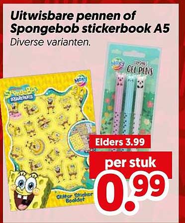 Uitwisbare pennen of Spongebob stickerboek A5 Diverse varianten.