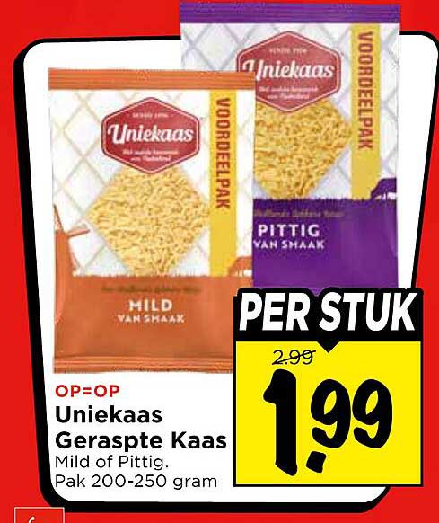 Uniekaas Geraspte Kaas Mild of Pittig. Pak 200-250 gram PER STUK