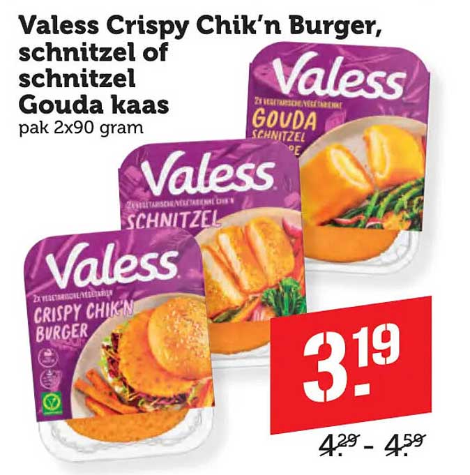 Valess Crispy Chik'n Burger, schnitzel of schnitzel Gouda kaas pak 2x90 gram
