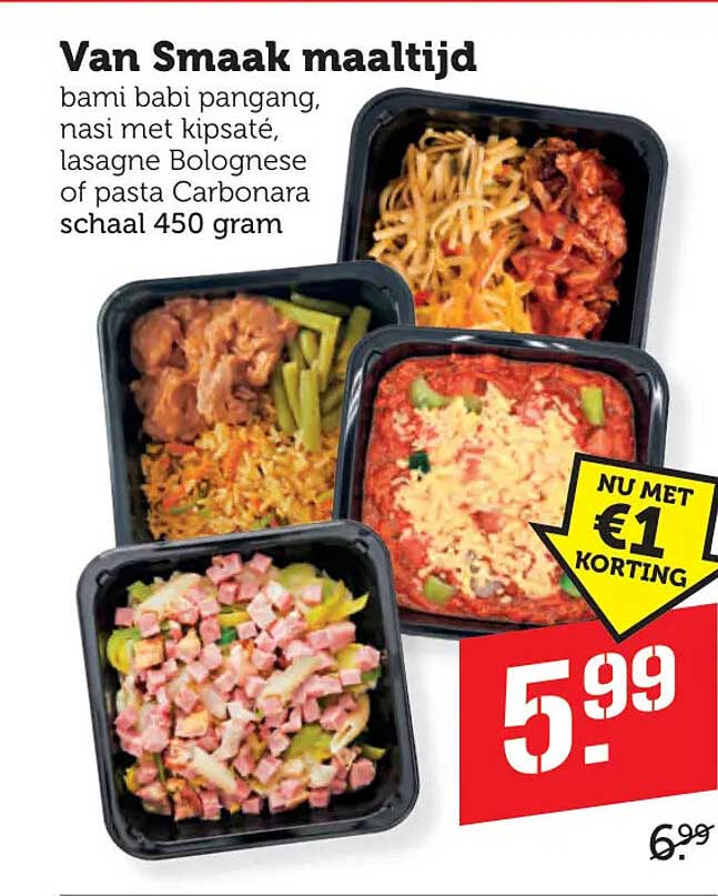 Van Smaak maaltijd bami babi pangang, nasi met kipsaté, lasagne Bolognese of pasta Carbonara schaal 450 gram
