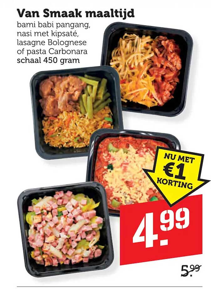 Van Smaak maaltijd bami babi pangang, nasi met kipsaté, lasagne Bolognese of pasta Carbonara schaal 450 gram NU MET €1 KORTING