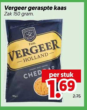 Vergeer geraspte kaas Zak 150 gram.