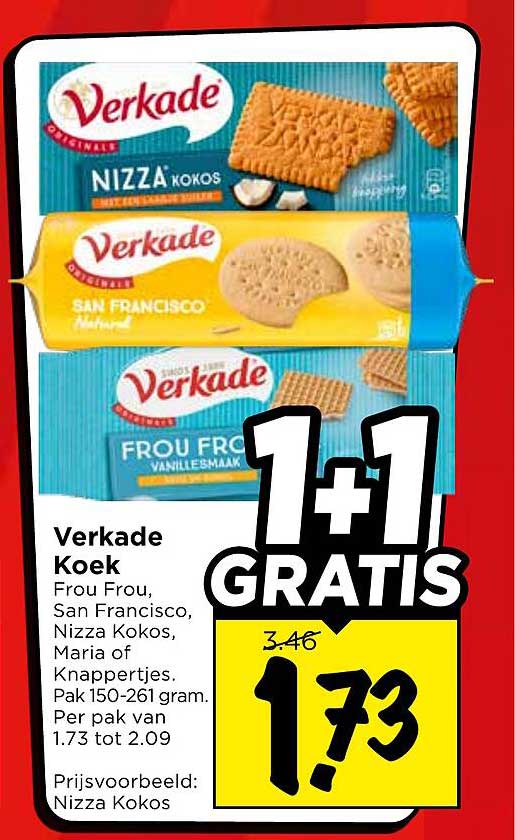 Verkade Koek Frou Frou, San Francisco, Nizza Kokos, Maria of Knappertjes. Pak 150-261 gram. Per pak van 1.73 tot 2.09 1+1 GRATIS