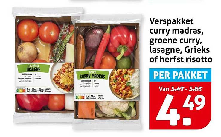 Verpakt curry madras, groene curry, lasagne, Grieks of herfst risotto