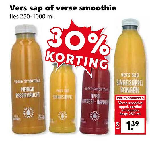 Vers sap of verse smoothie fles 250-1000 ml. 30% korting