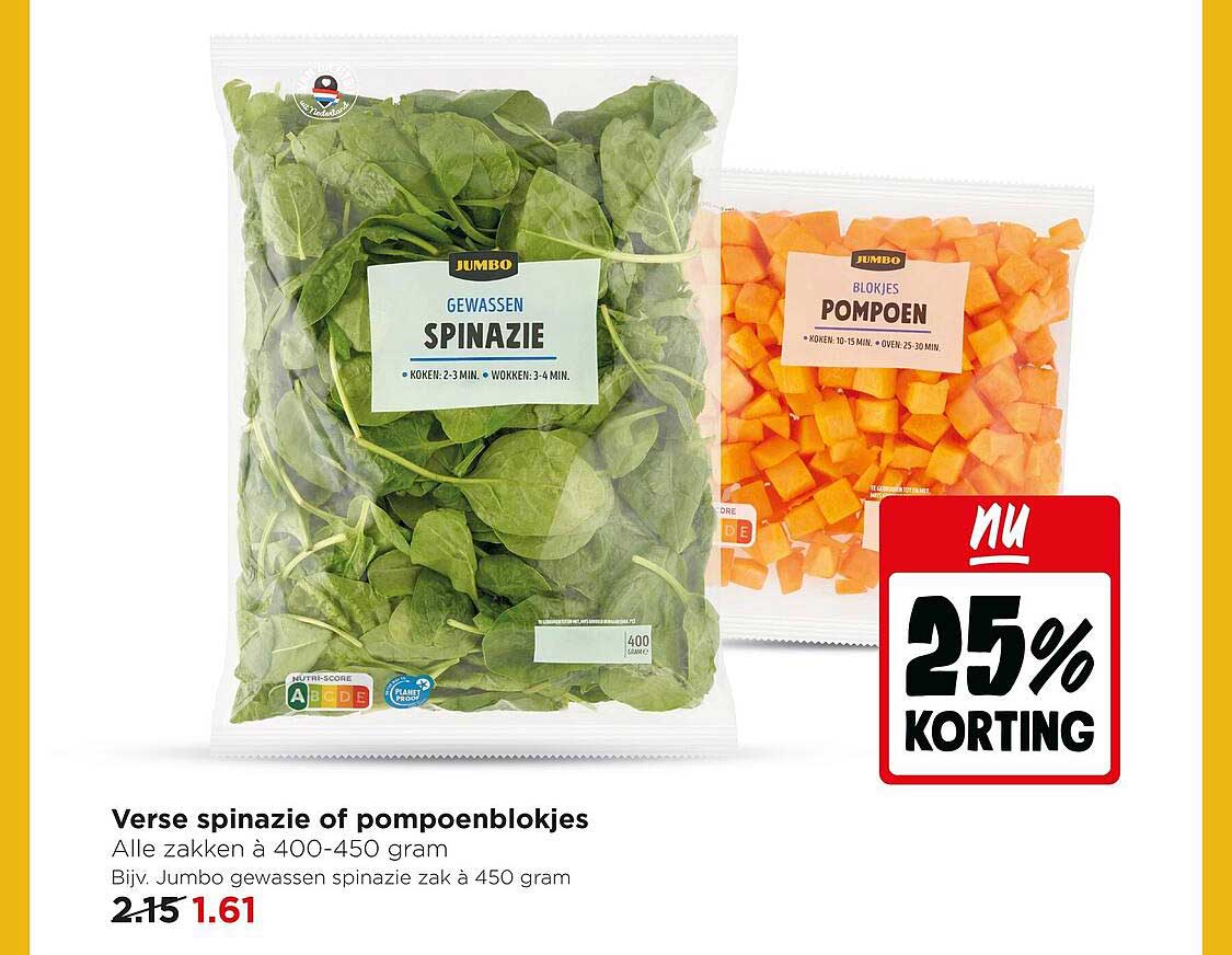 Verse spinazie of pompoenblokjes 25% KORTING