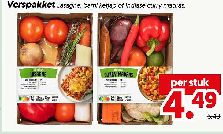 Verspakket Lasagne, bami ketjap of Indische curry madras per stuk