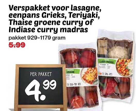 Verspakket voor lasagne, eenpans Grieks, Teriyaki, Thaise groene curry of Indiase curry madras