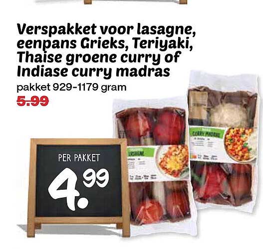 Verspakket voor lasagne, eenpans Grieks, Teriyaki, Thaise groene curry of Indiase curry madras